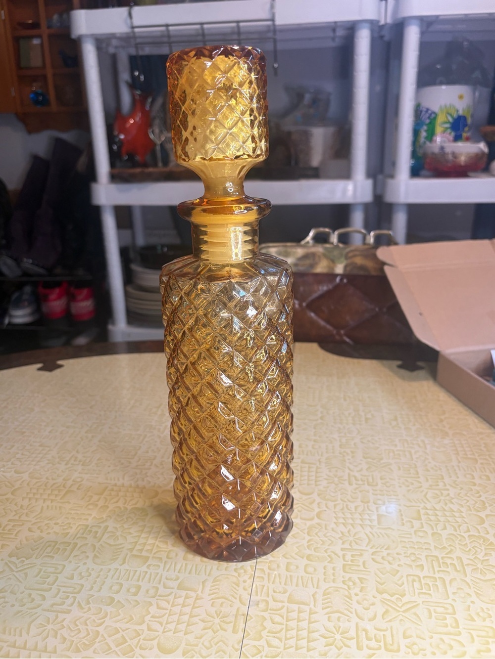 Vintage Amber Diamond-Cut Glass Decanter with Stopper